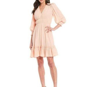 Calvin Klein Size 4 Peach ​Crinkle Gauze Ruffle Dress 3/4 Sleeve Fit Flare